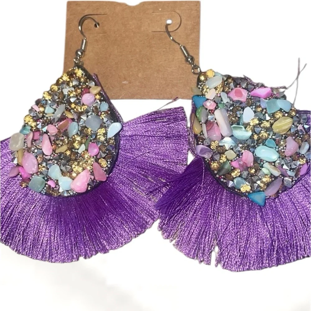 NWT Anthropologie Tassel Earrings Purple Fringe Multicolor Stone Crystals NEW